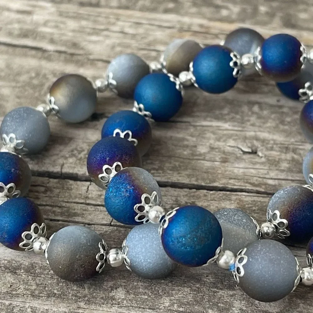 Druzy Peacock Aura Agate Crystal 10mm NEW blue purple white gold bracelet ONE st
